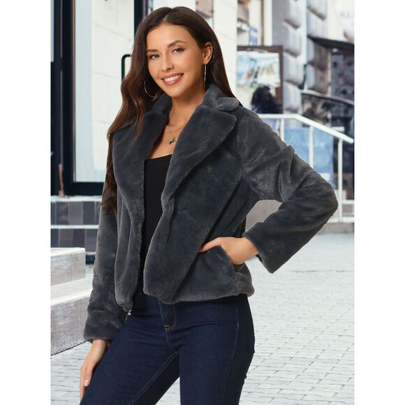 Women's Winter Cropped Jacket Notch Lapel Faux Fur Fluffy Coat Dark Grey - Picture 2 of 5